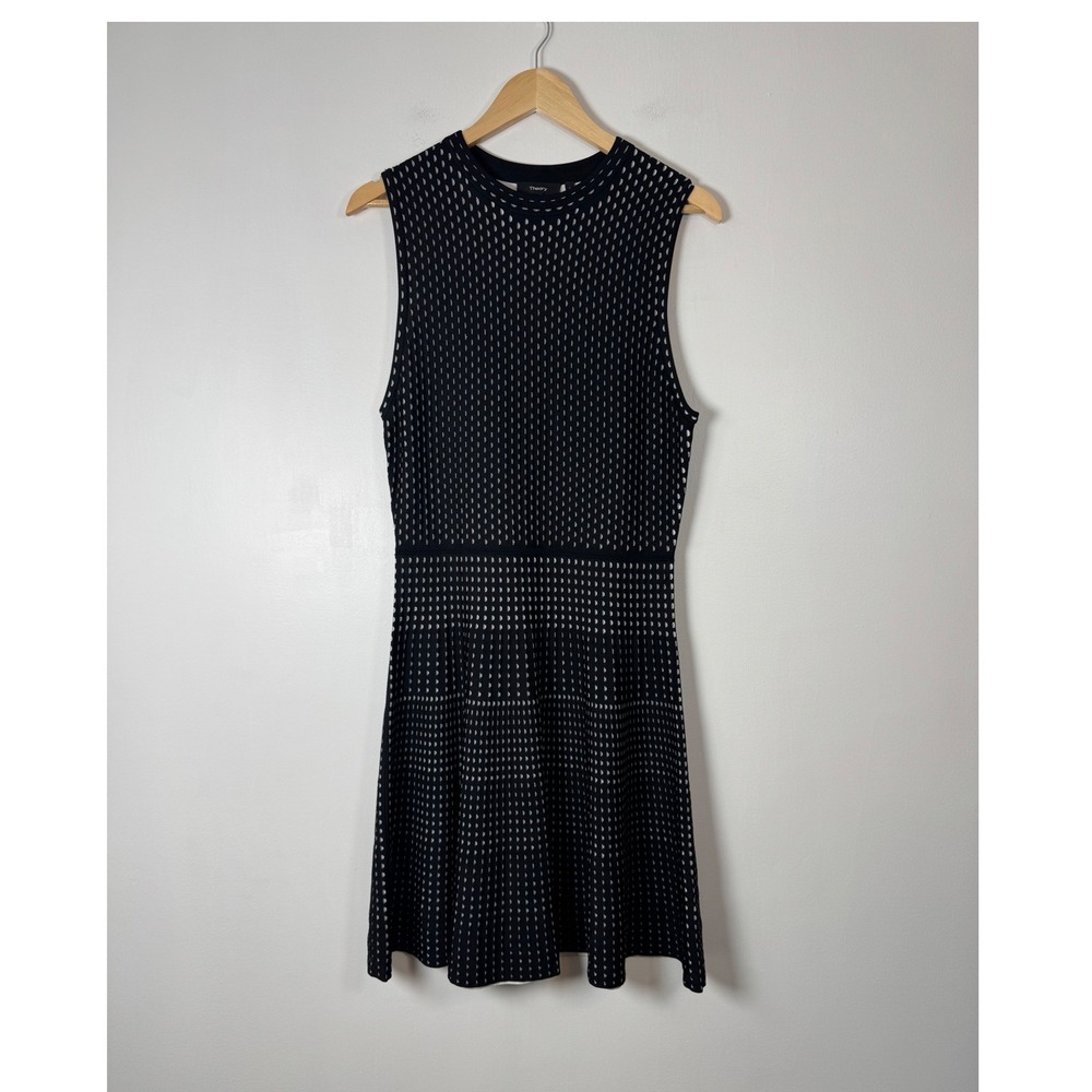 Minimalist Theory Women Large Knit Fit Flare Dress Black White Stitch Detail